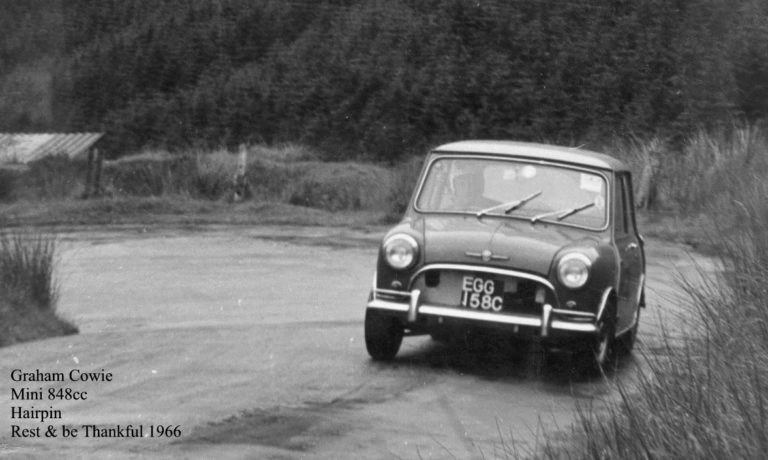 1966, Graham Cowie at the Rest and Be Thankful hairpin in his 848cc Mini